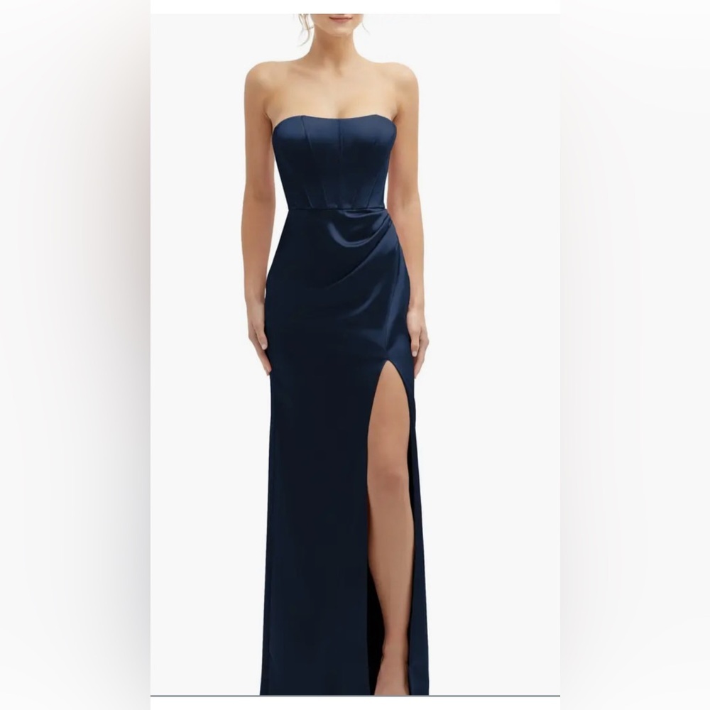 New After Six Corset Strapless Charmeuse Gown Navy Blue Maxi Dress 8R